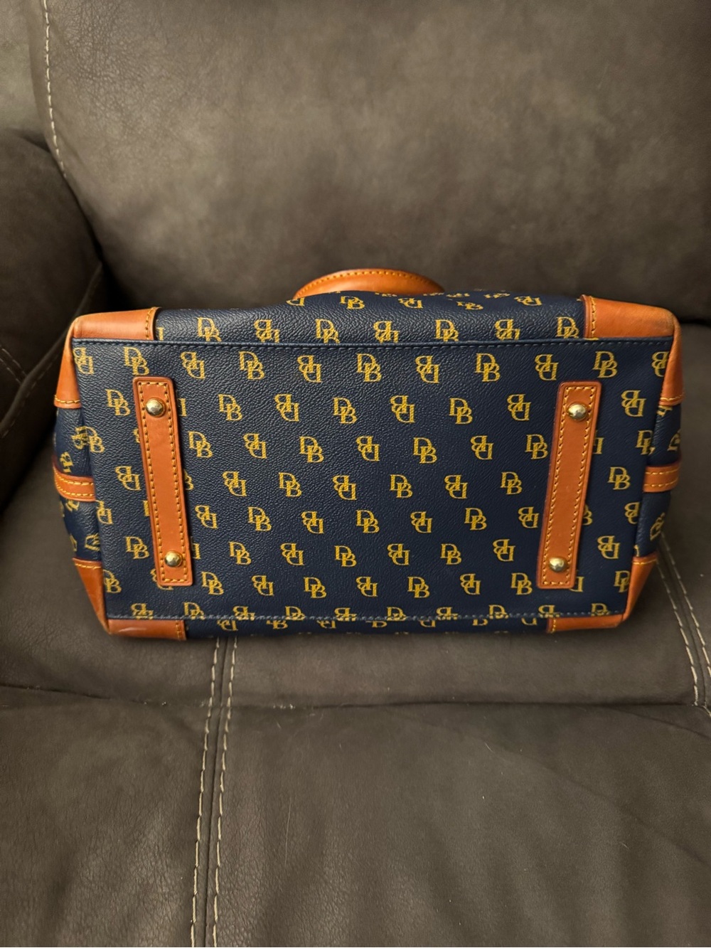 Dooney & Bourke Navy Logo Dome Satchel with Brown Trim - Picture 4 of 16